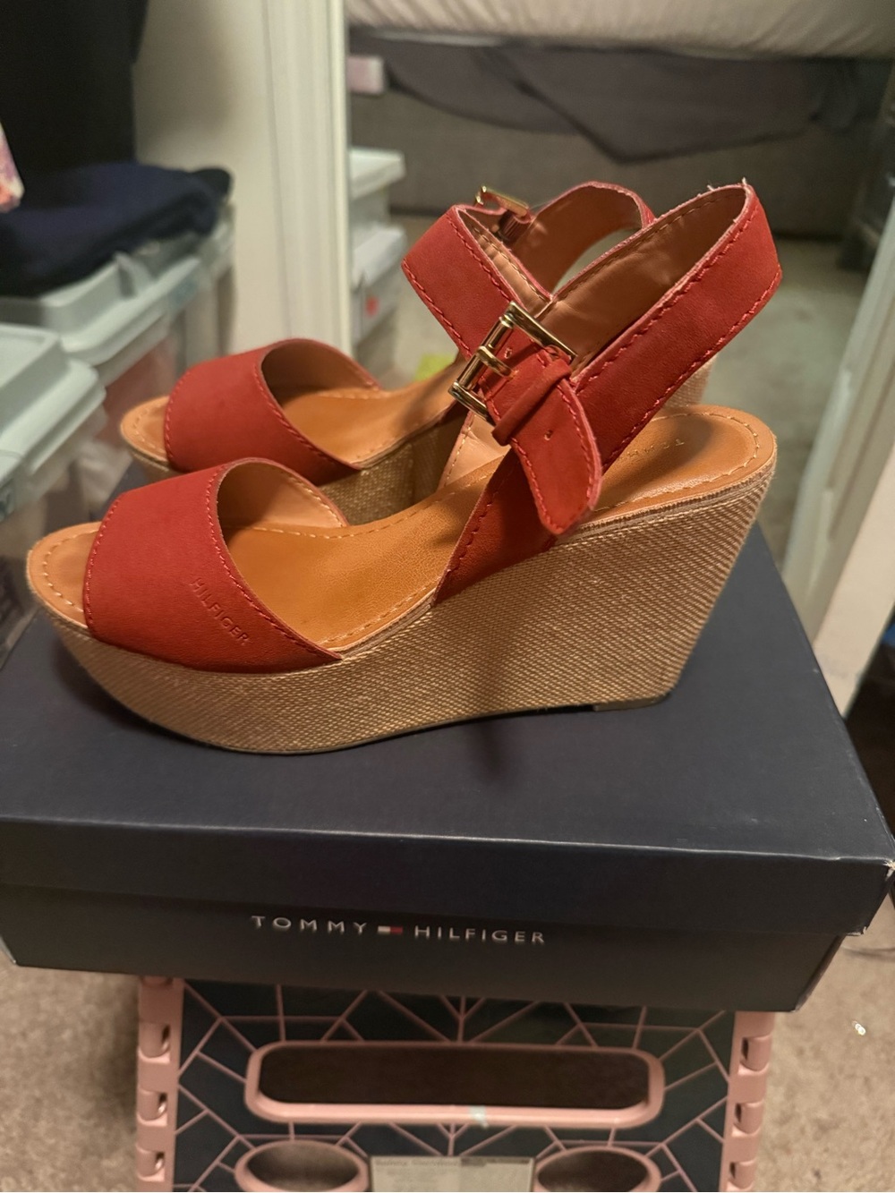 Tommy Hilfiger Terracotta Wedge Sandals with Gold Buckle
